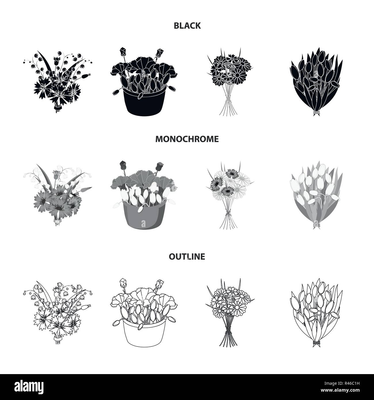 A bouquet of fresh flowers black,monochrome,outline icons in set ...