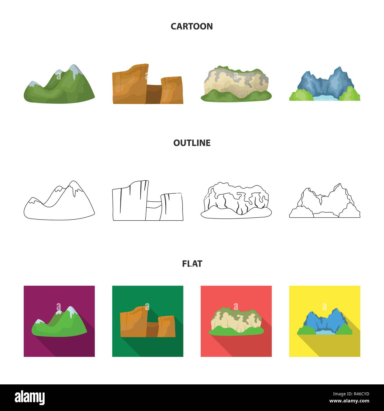 Green mountains with snow tops, a canyon, rocks with forests, a lagoon and rocks. Different mountains set collection icons in cartoon,outline,flat sty Stock Vector