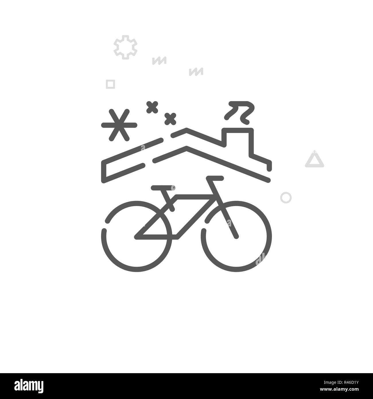 Bike Winter Storage Line Icon. Bicycle Service Symbol, Pictogram, Sign. Light Abstract Geometric Background. Editable Stroke. Adjust Line Weight. Desi Stock Photo