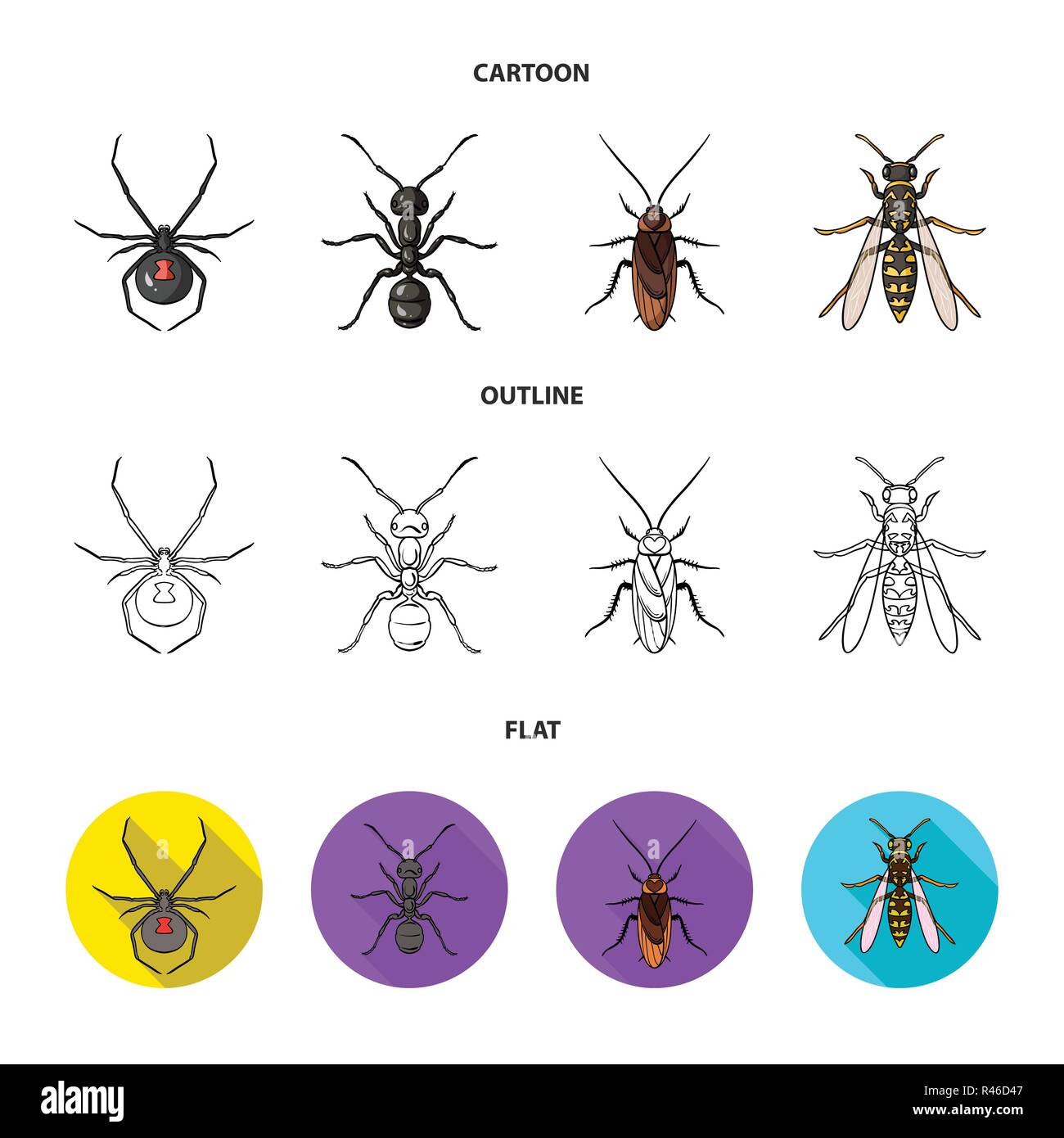 Spider, ant, wasp, bee .Insects set collection icons in cartoon,outline ...