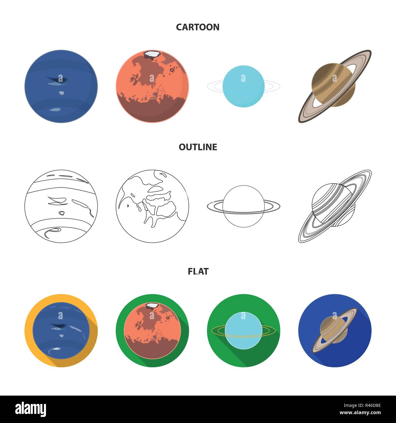 Neptune, Mars, Saturn, Uranus of the Solar System. Planets set collection icons in cartoon,outline,flat style vector symbol stock illustration . Stock Vector