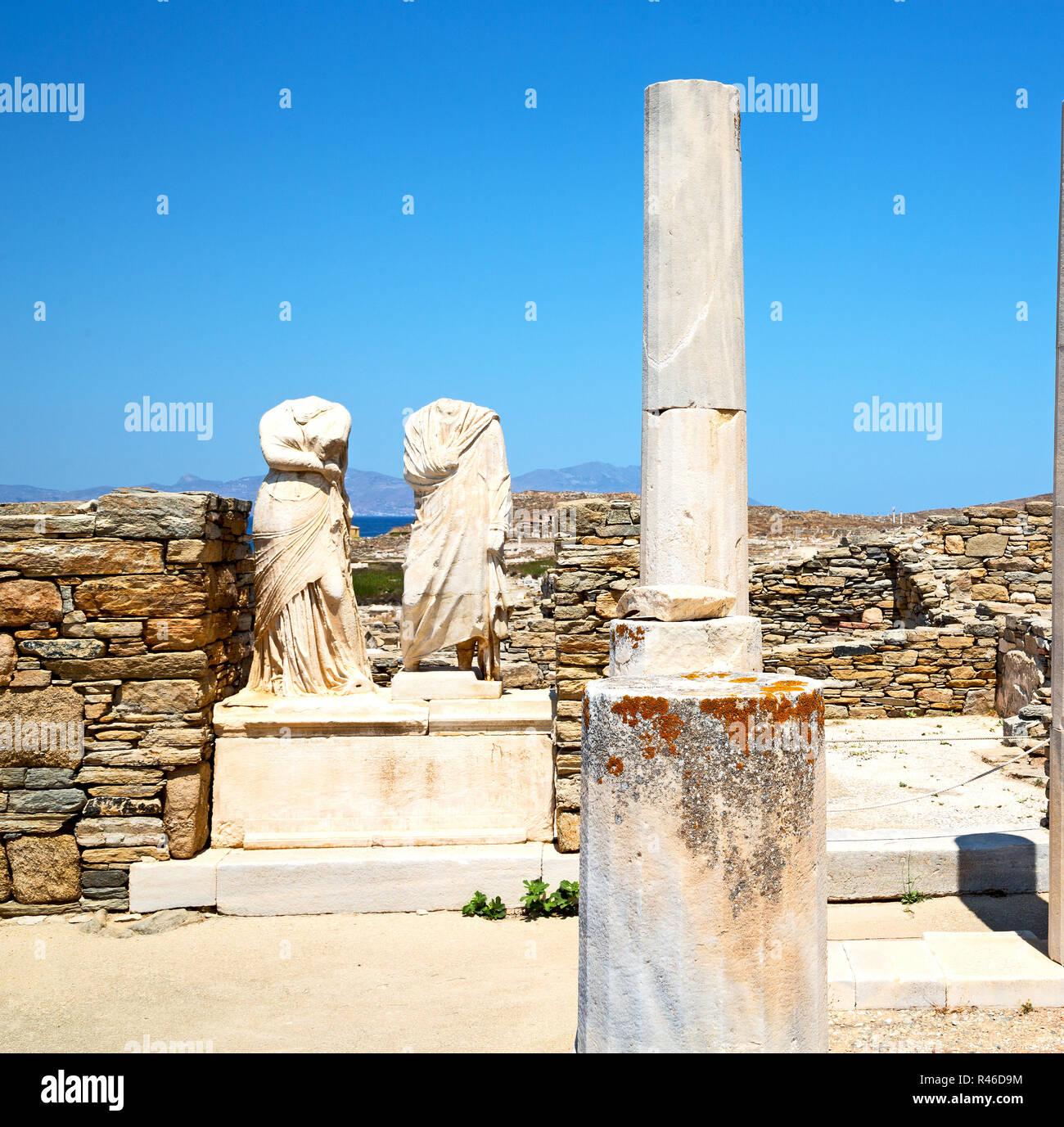 archeology  in delos greece the historycal acropolis and old ruin site Stock Photo