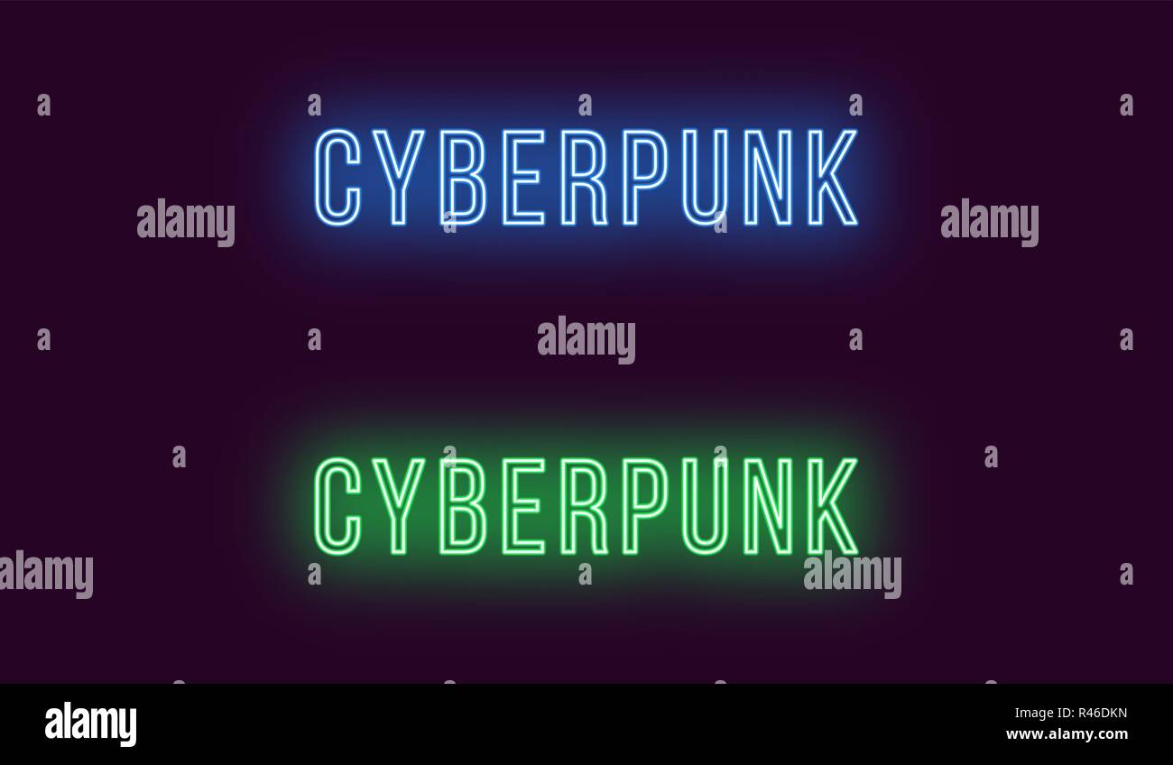 Inscription of Cyberpunk in neon thin style. Vector illustration, glowing Text of Cyberpunk in blue and green color. Isolated graphic element, icon an Stock Vector