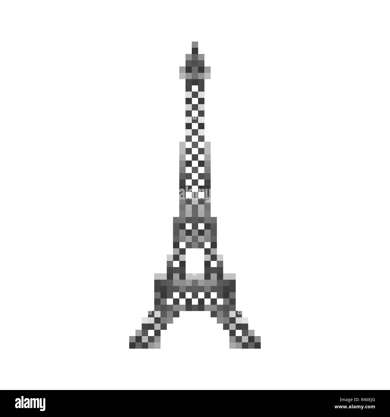 Eiffel Tower pixel art. Paris landmark 8 bit. France showplace Pixelate 16bit. Old game computer graphics style Stock Vector