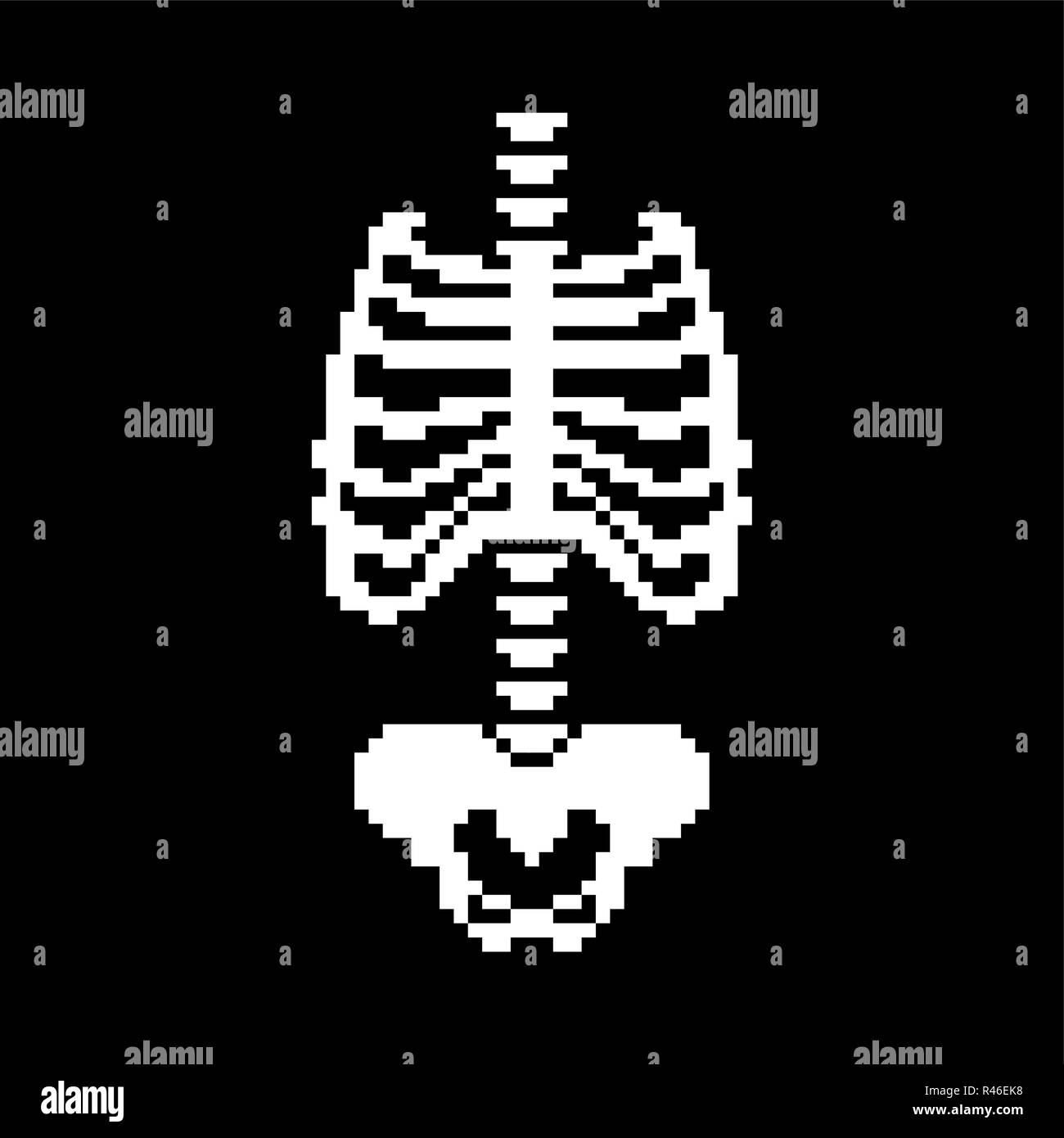 Rib cage and Spinal, Pelvic bone pixel art. Bones anatomy 8 bit. Pixelate Human Skeleton system 16bit. Old game computer graphics style Stock Vector