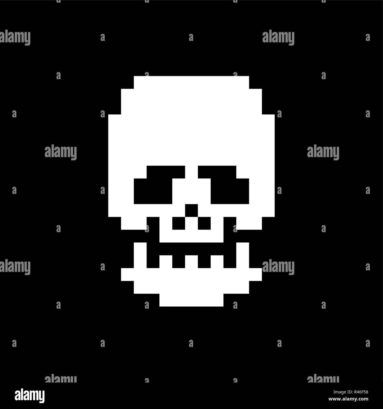 Skull pixel art. Bones anatomy 8 bit. Pixelate Human Skeleton system 16bit. Old game computer graphics style Stock Vector