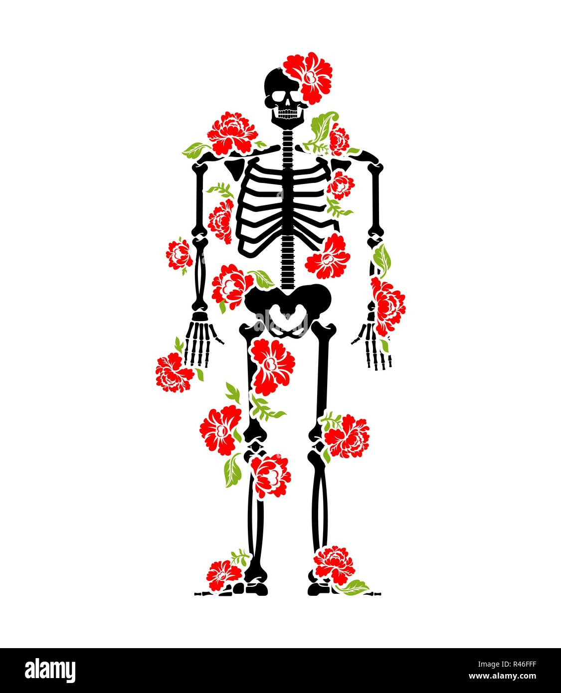 Skeleton and flowers. Human Bones and roses. Death and love symbol