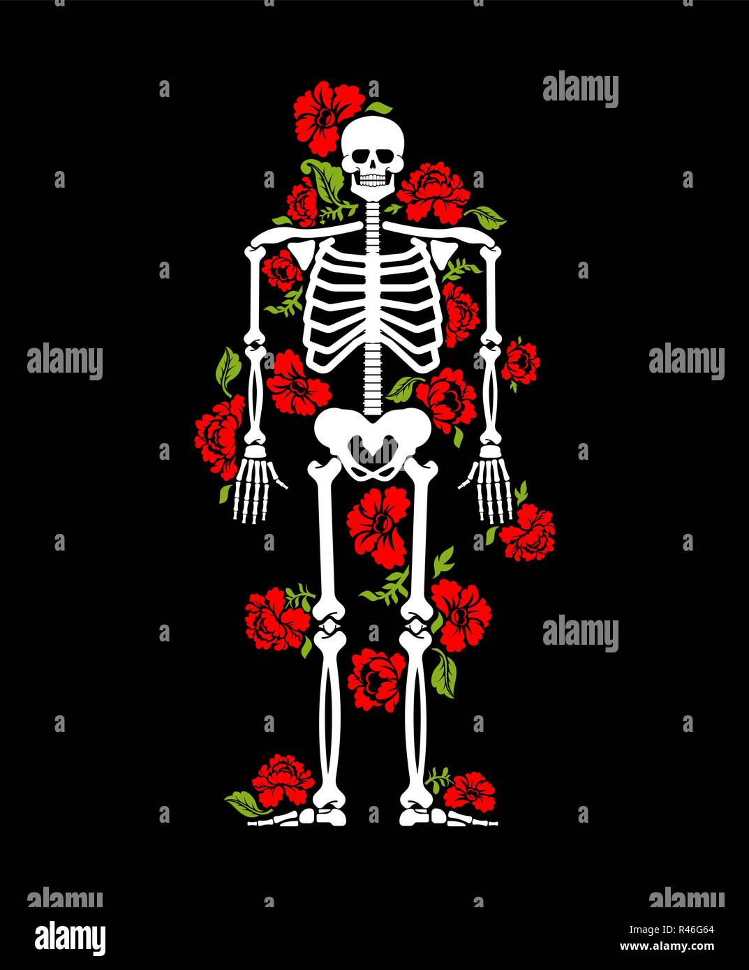 Skeleton and flowers. Human Bones and roses. Death and love symbol
