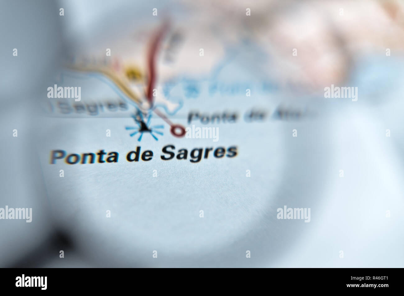 Ponta de Sagres magnified on Map. Algarve, Portugal Stock Photo