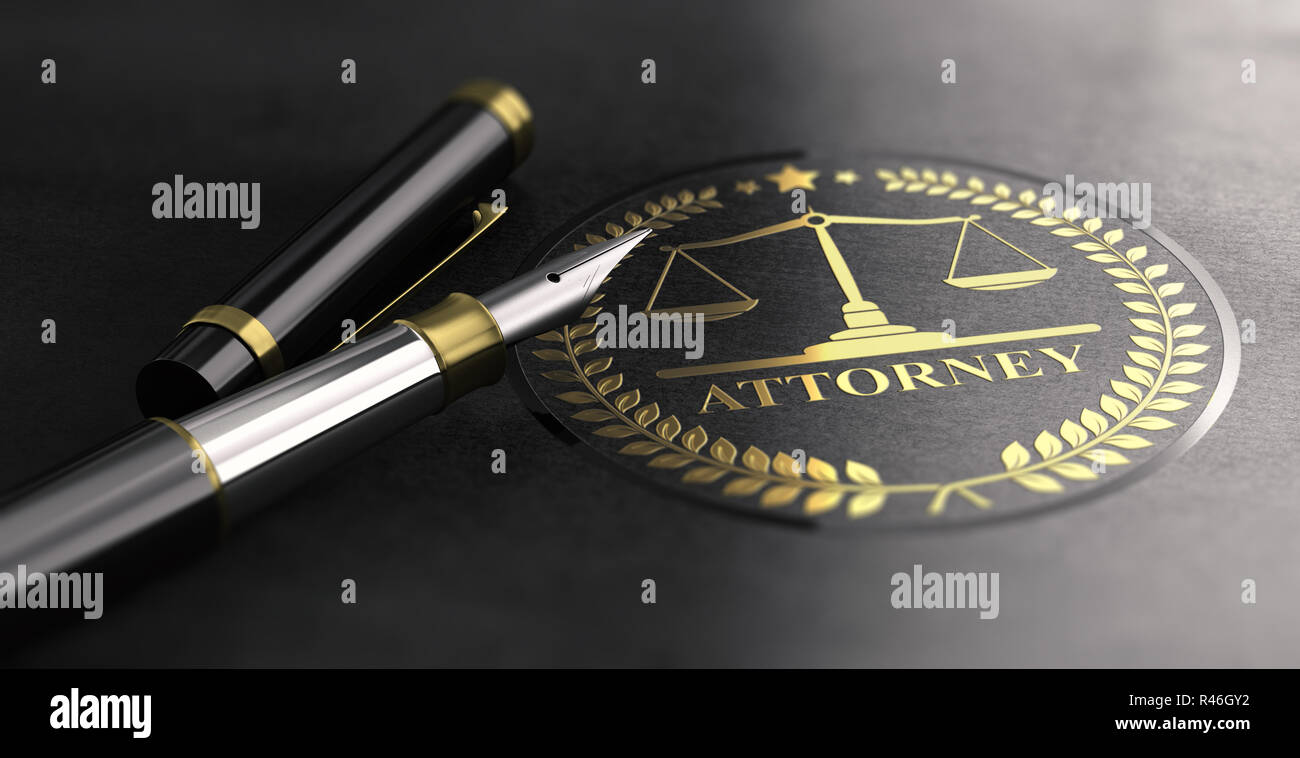 Attorney sign design with scales of justice symbol printed on black background and fountain pen. 3D illustration Stock Photo