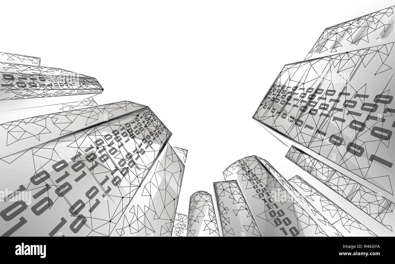 low poly smart city 3d wire mesh intelligent building automationlow poly smart city 3d wire mesh intelligent building automation system business concept binary code number data flow architecture urban cityscape
