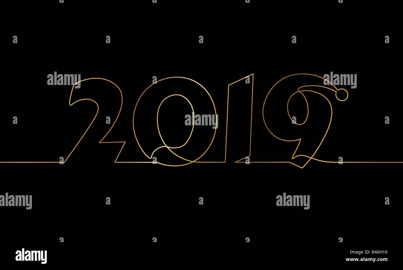 2019 New Year single continuous line art. Golden black holiday greeting card headline decoration date numbers lettering silhouette concept design one sketch outline glowing gold vector illustration Stock Vector