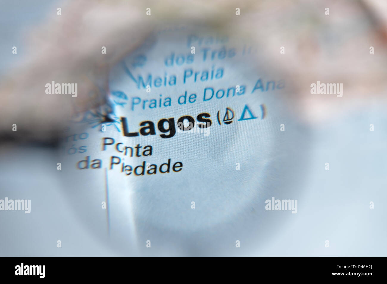 Lagos magnified on a map. Algarve, Portugal Stock Photo