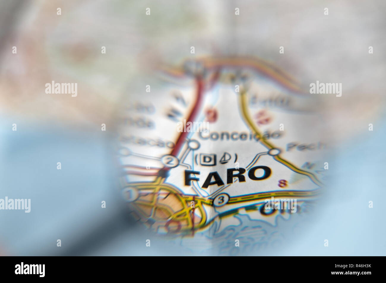 Faro magnified on a map. Algarve, Portugal Stock Photo