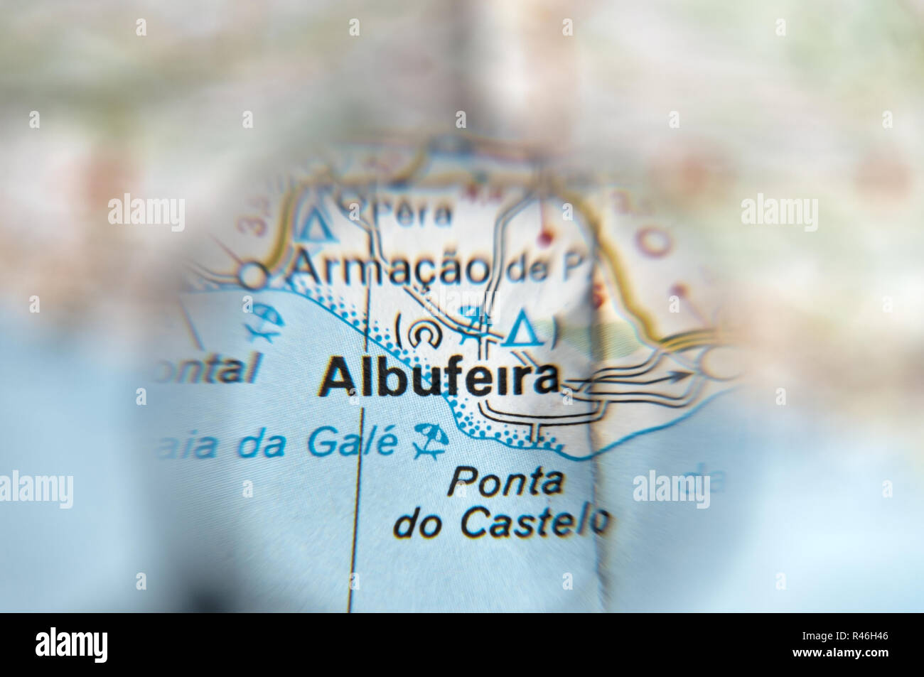 Albufeira magnified on a map. Algarve, Portugal Stock Photo