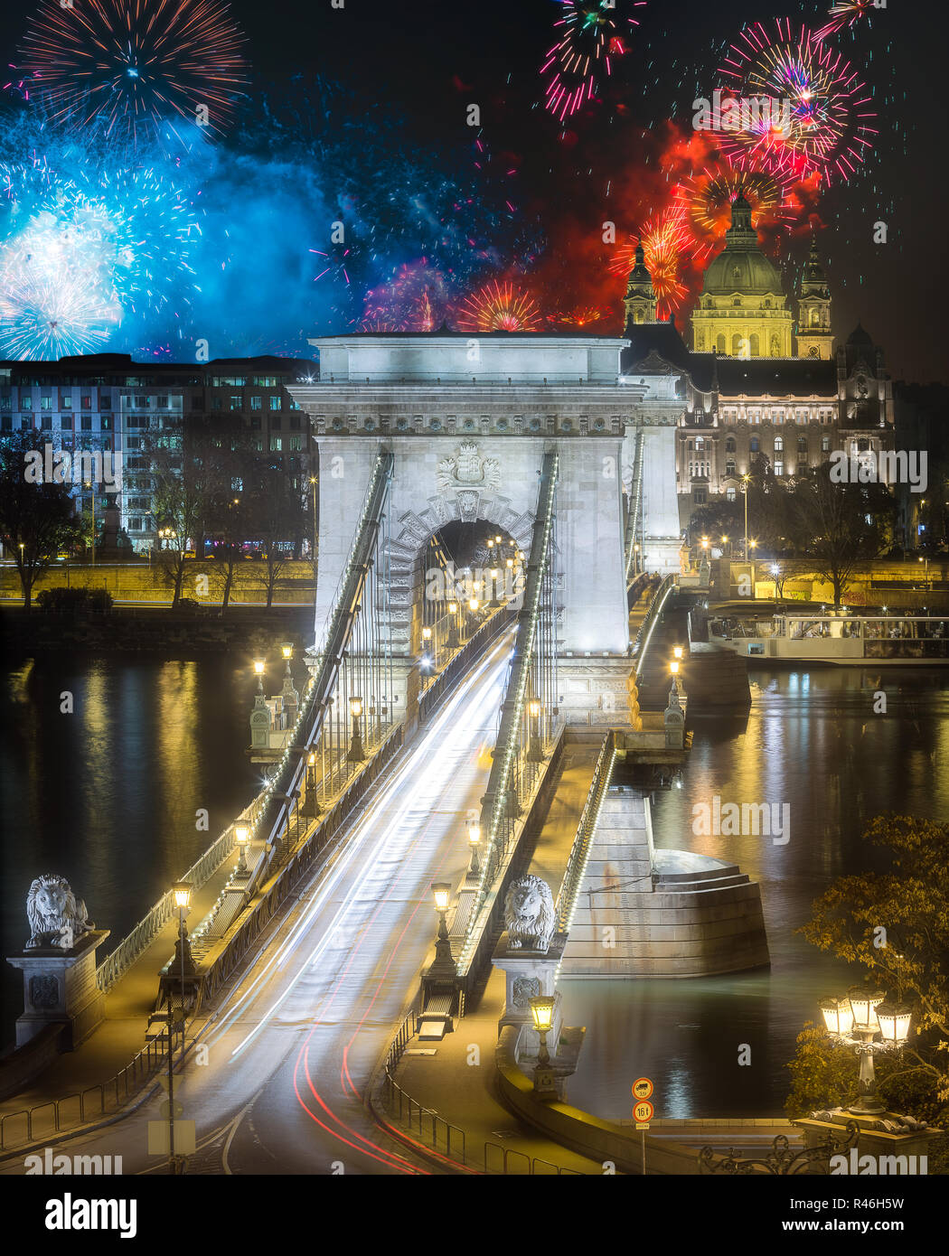 Beautiful Fireworks Above Chain Bridge At Night Budapest Hungary beautiful-fireworks-above-chain-bridge-at-night-budapest-hungary