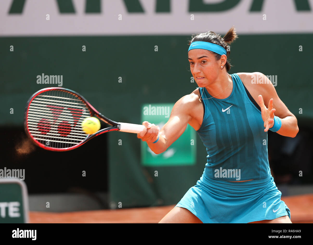 French tennis player Caroline Garcia playing a forehand shot at the  French Open 2018, Paris, France Stock Photo