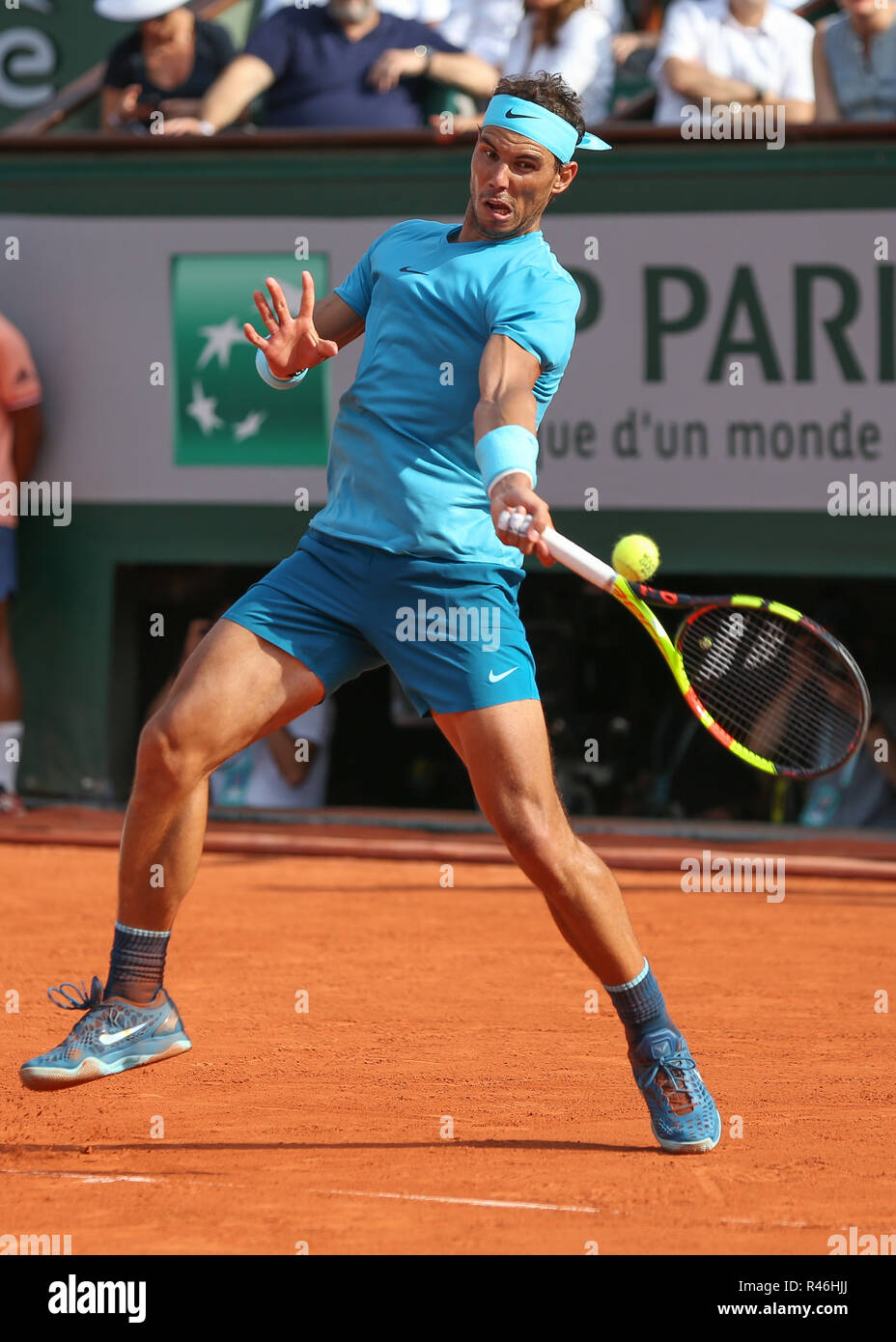 Spanish tennis player Rafael Nadal playing forehand shot at the French Open  2018, Paris, France Stock Photo - Alamy