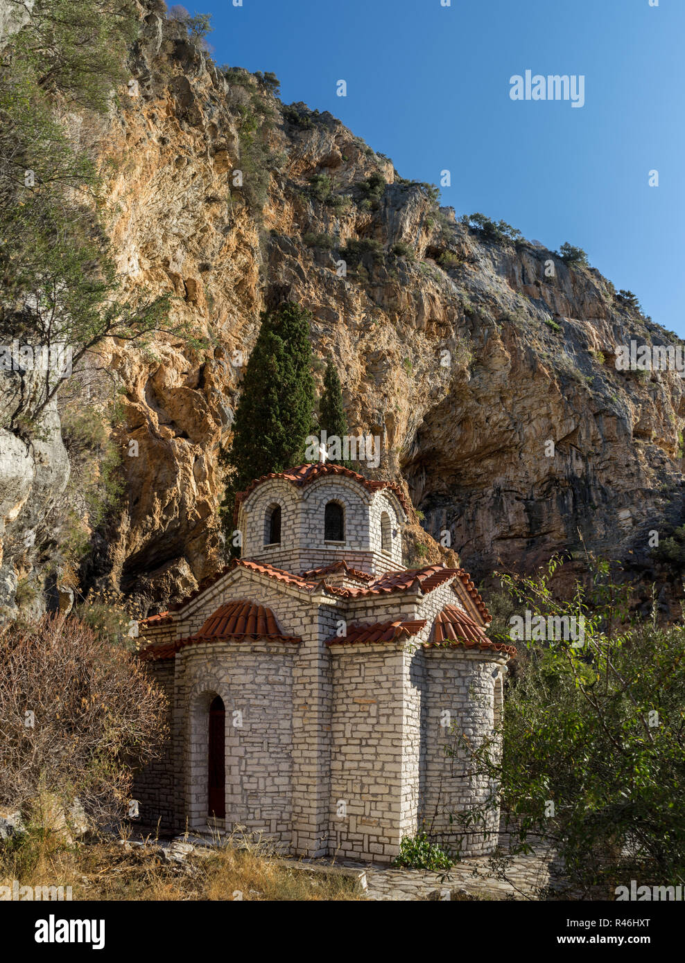 Santa Eleousa church in the countryside of western Greece. Typical Byzantine religious architecture. A very scenic place to visit. Stock Photo
