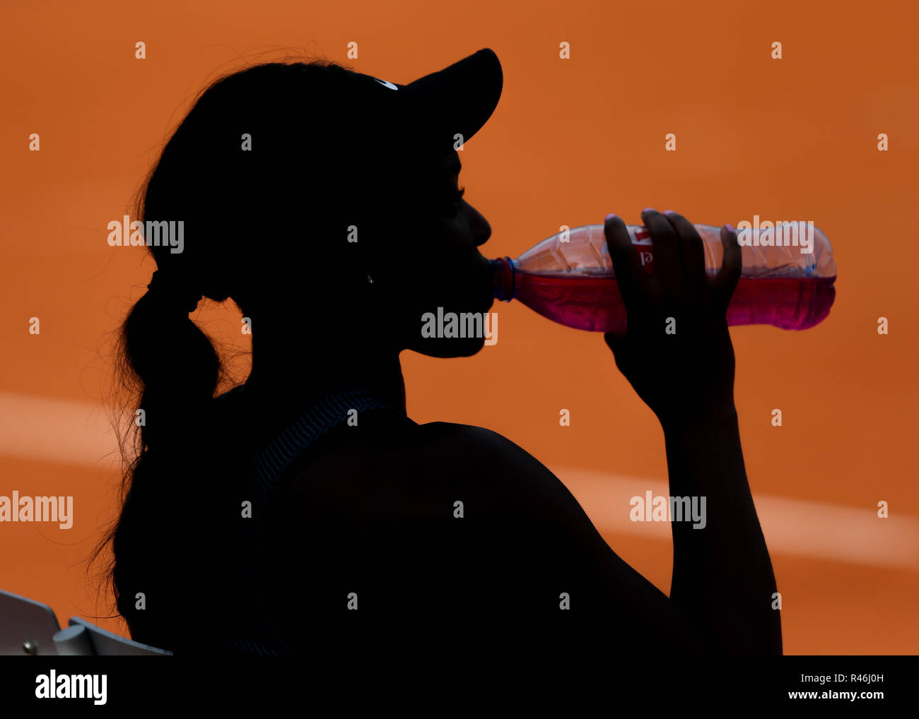 American  tennis player Sloane Stephens drinking from bottle at the French Open 2018,Paris, France Stock Photo