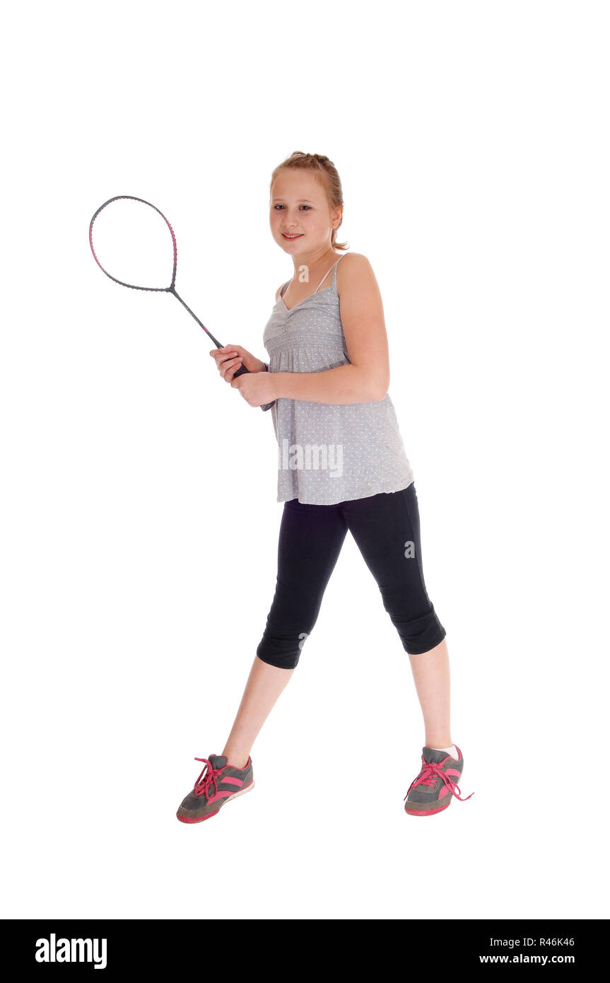 Young blond girl with her tennis racquet. Stock Photo