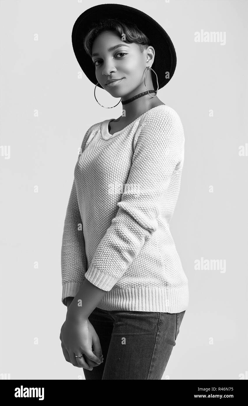 Portrait Of Young Beautiful Hipster Black Girl With Short Hair