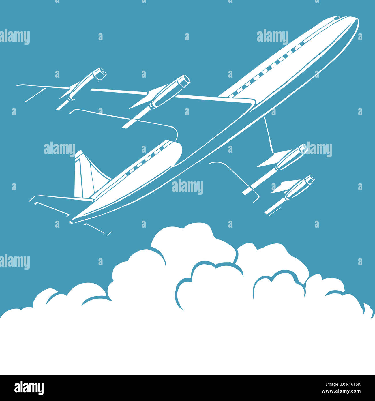 Passenger airplane in the clouds retro background Stock Photo - Alamy