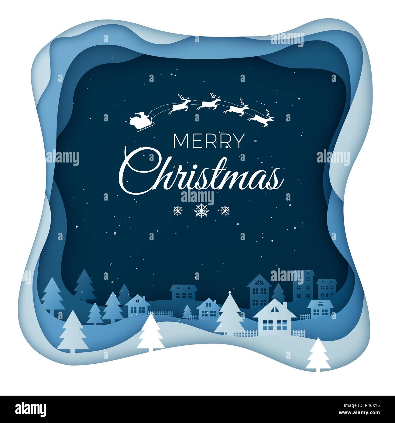 Flying Santa on night sky in city town scenery in the winter with homes and snowy hills. Winter holiday design paper art and crafts. Christmas greetin Stock Vector