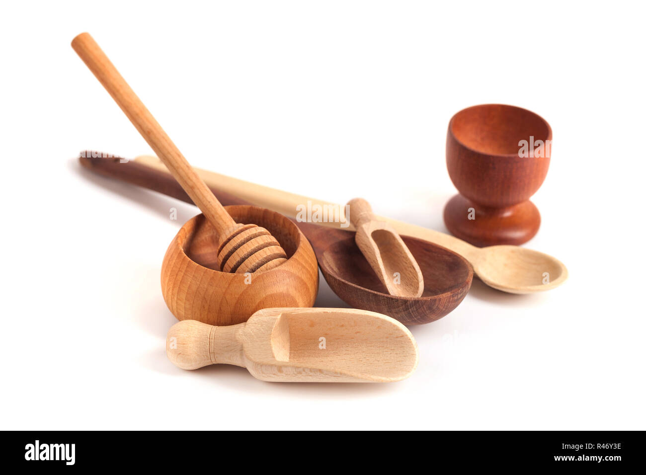 Set of wooden kitchen utensils isolated on white background Stock Photo ...