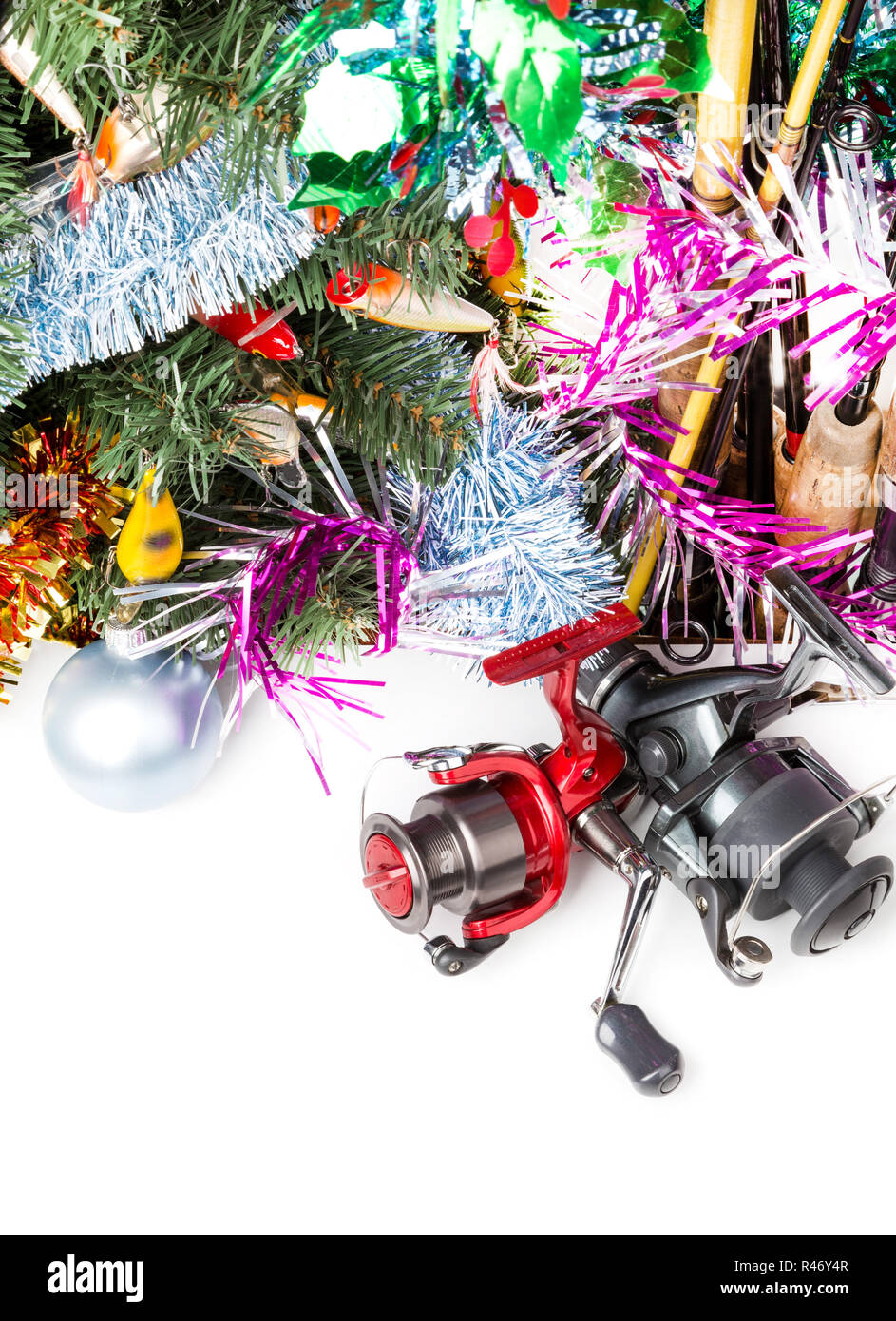 christmas tree with fishers tackles Stock Photo Alamy