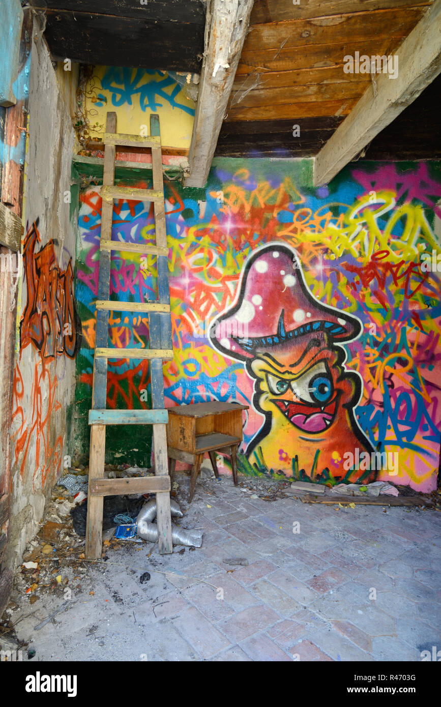 Graffiti Covered Walls, Homemade Rickety Ladder & Magic Mushroom Design in Squat Interior of Abandoned House France Stock Photo