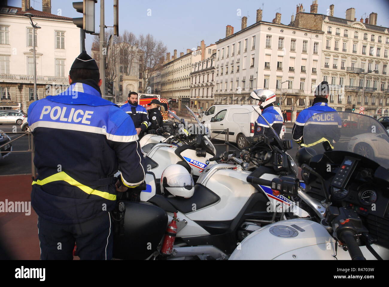 Police forces control pollution level of vehicles in Lyon, France Stock Photo