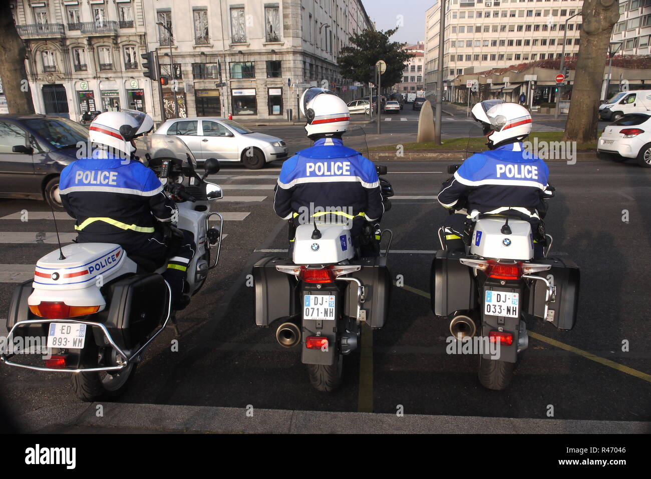 Police forces control pollution level of vehicles in Lyon, France Stock Photo