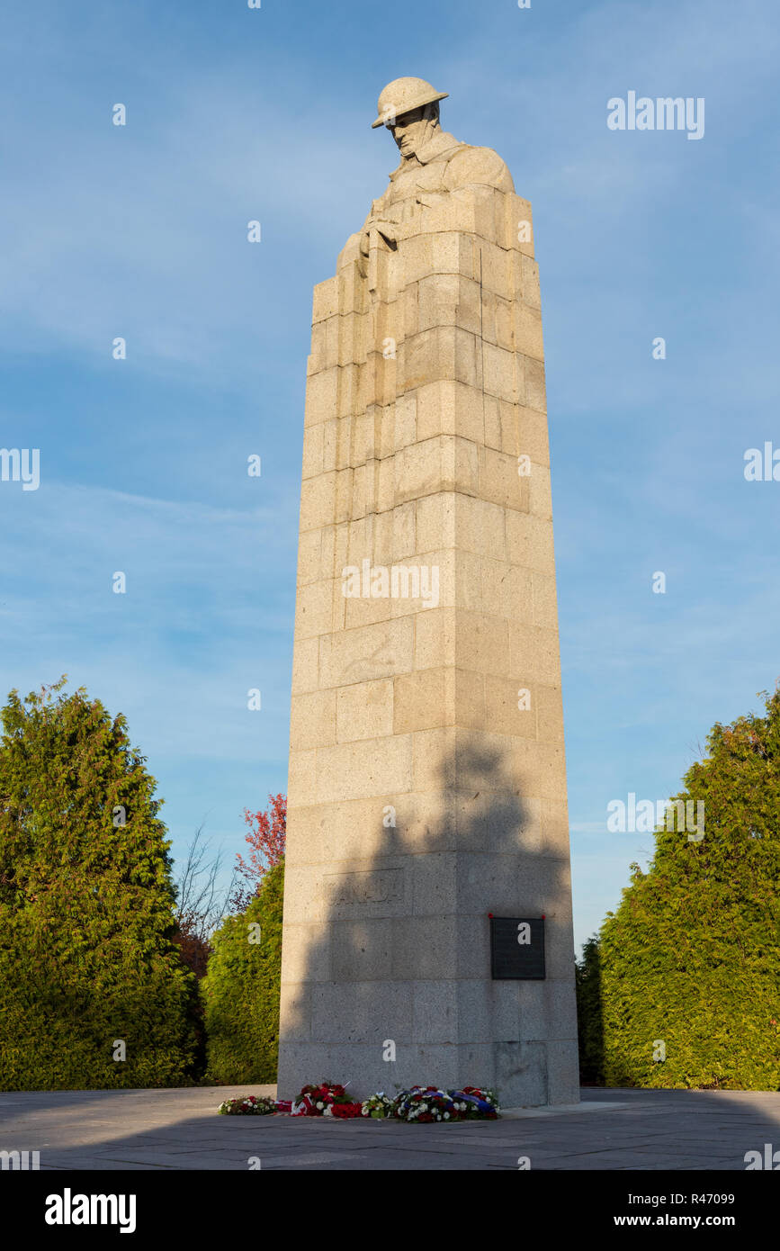 Brooding Soldier Canadian Memorial at Vancouver Corner, St Julien, near Ypres, Belgium Stock Photo