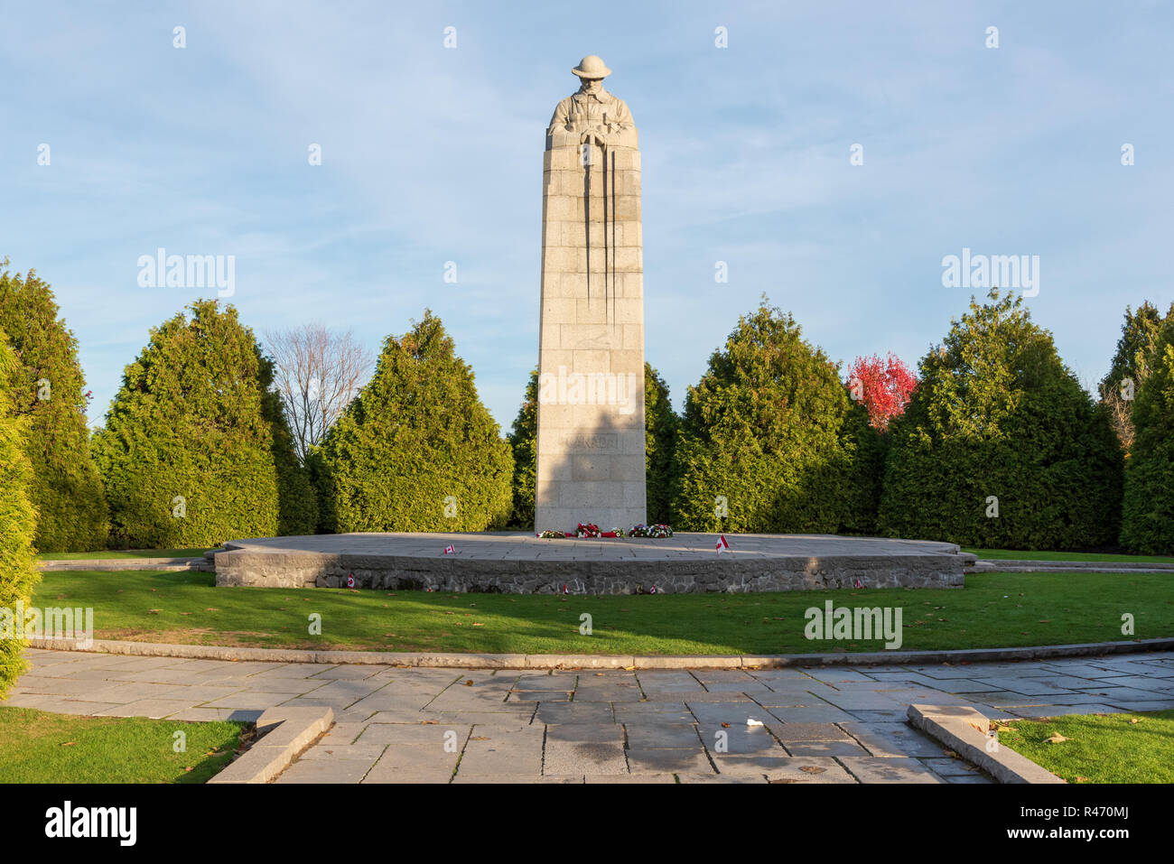 Brooding Soldier Canadian Memorial at Vancouver Corner, St Julien, near Ypres, Belgium Stock Photo
