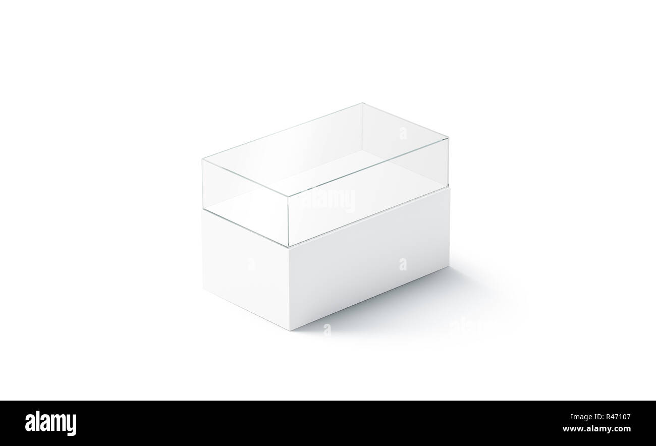 Blank white glass showcase for city miniature mockup, isolated, 3d rendering. Empty vintine for exterior mock up. Transparent nightstand for district building models. Presentation of town layout. Stock Photo