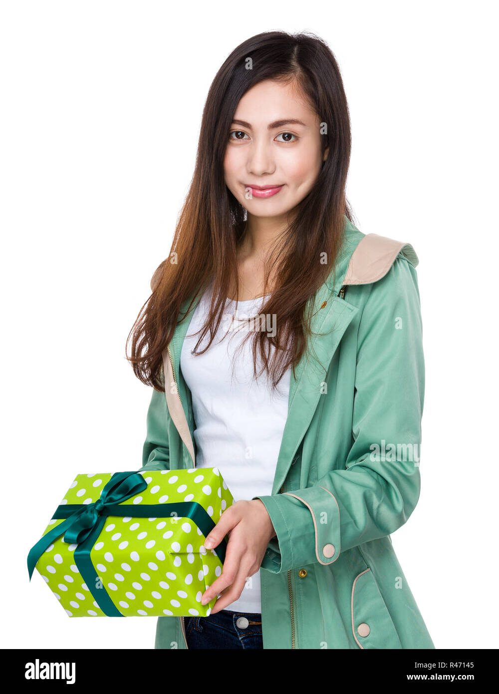 Asian woman hold with gift box Stock Photo