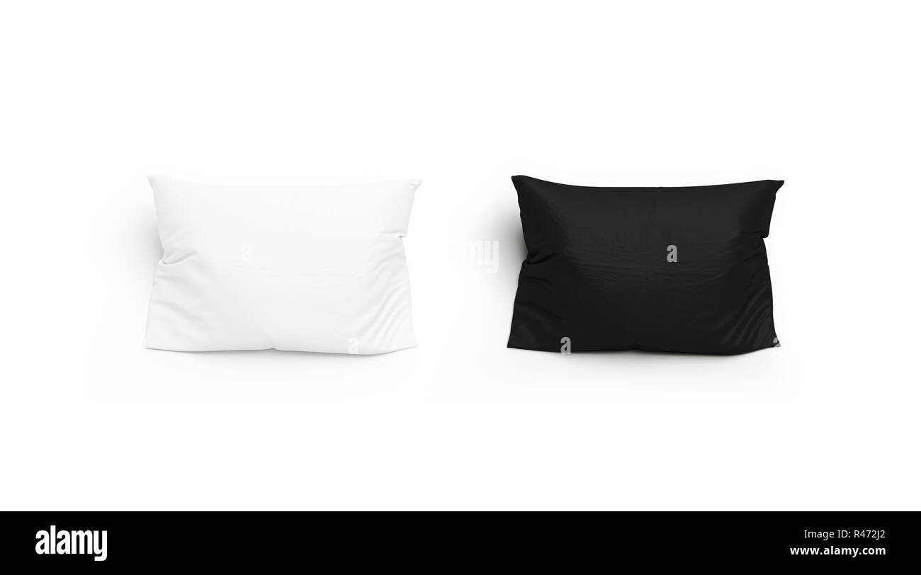 Blank black and white pillow mock up set, isolated, 3d rendering. Empty pillowslip mockup, top view. Clear pilow with fuzz template. Relax bearer for hotel branding. Stock Photo