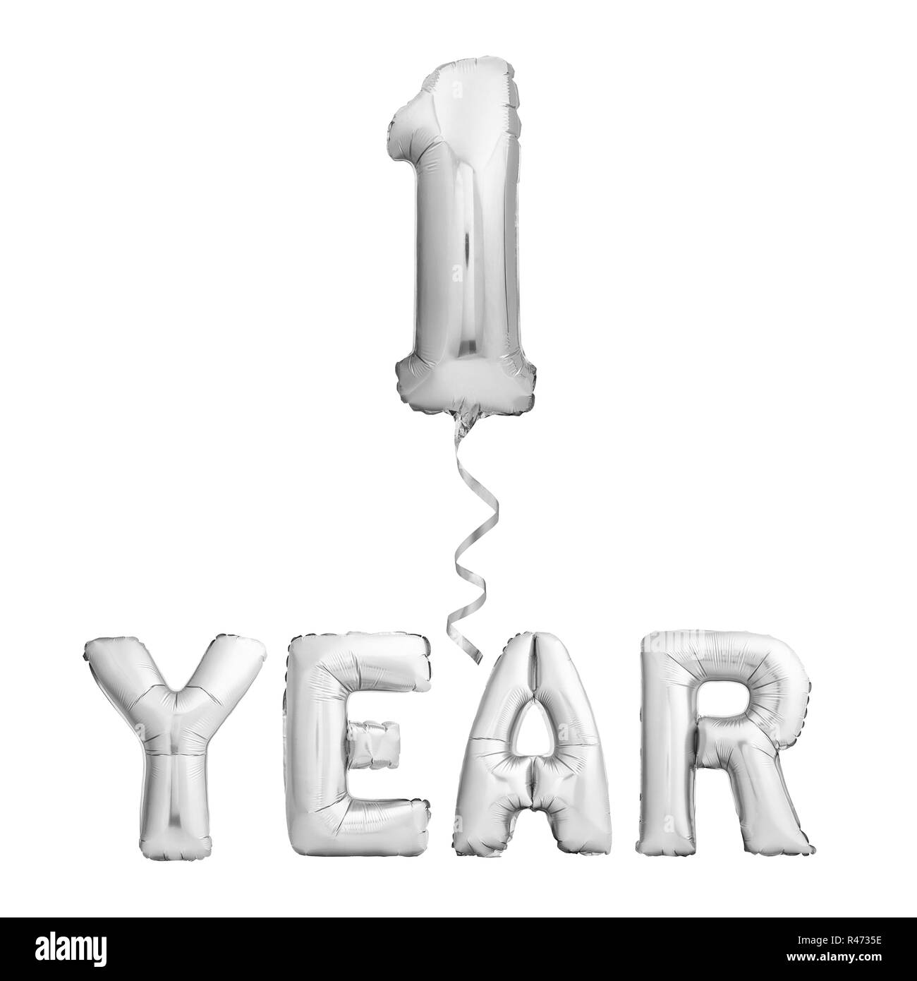 Silver 1 one year sign made of inflatable party balloons with ribbon isolated on white background Stock Photo