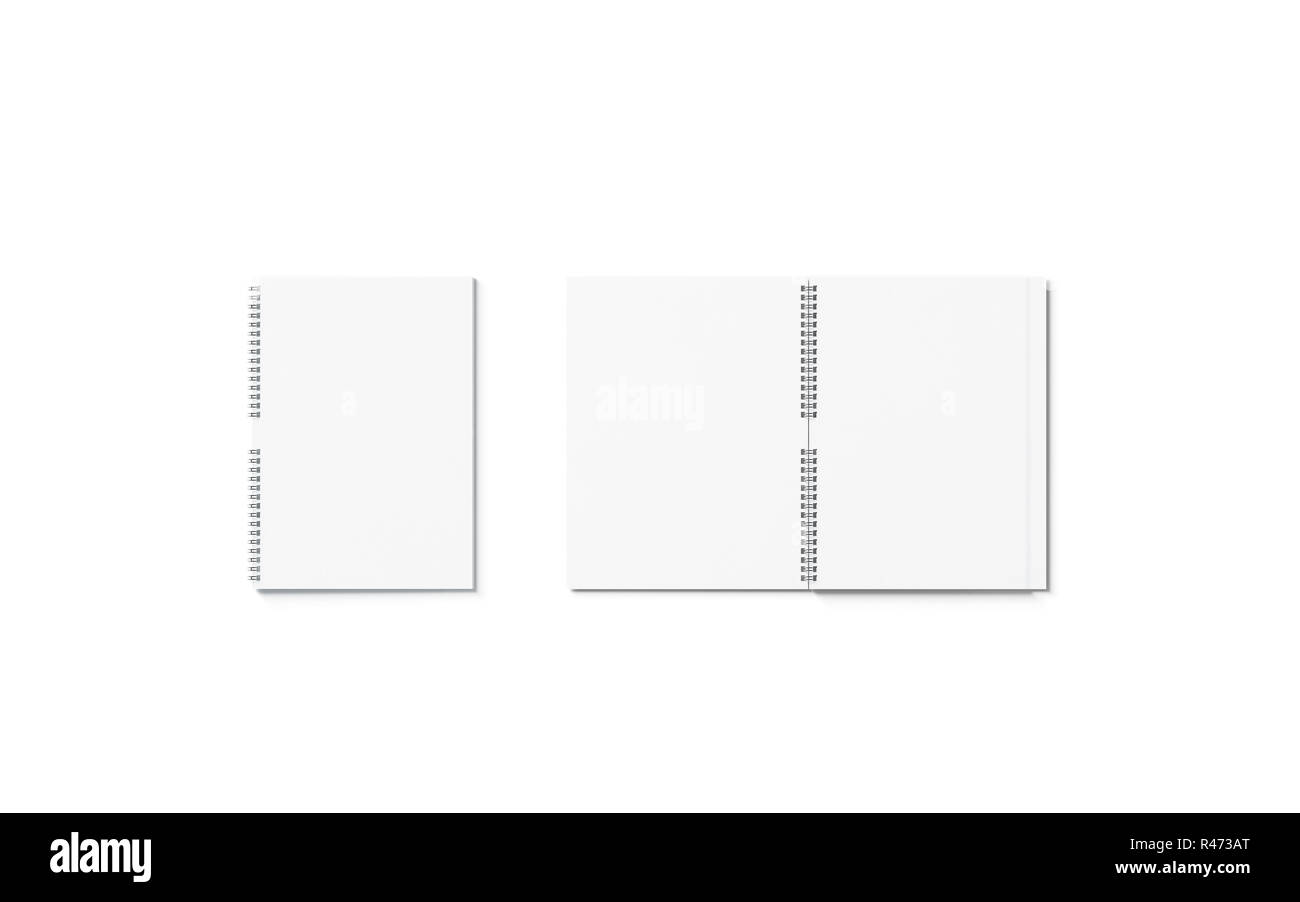 Blank white opened and closed notebook mockup set, isolated, 3d rendering. Empty blocknote mock up, front view. Clear paper diary for school or office. Sketch with spiral and page for idea template. Stock Photo
