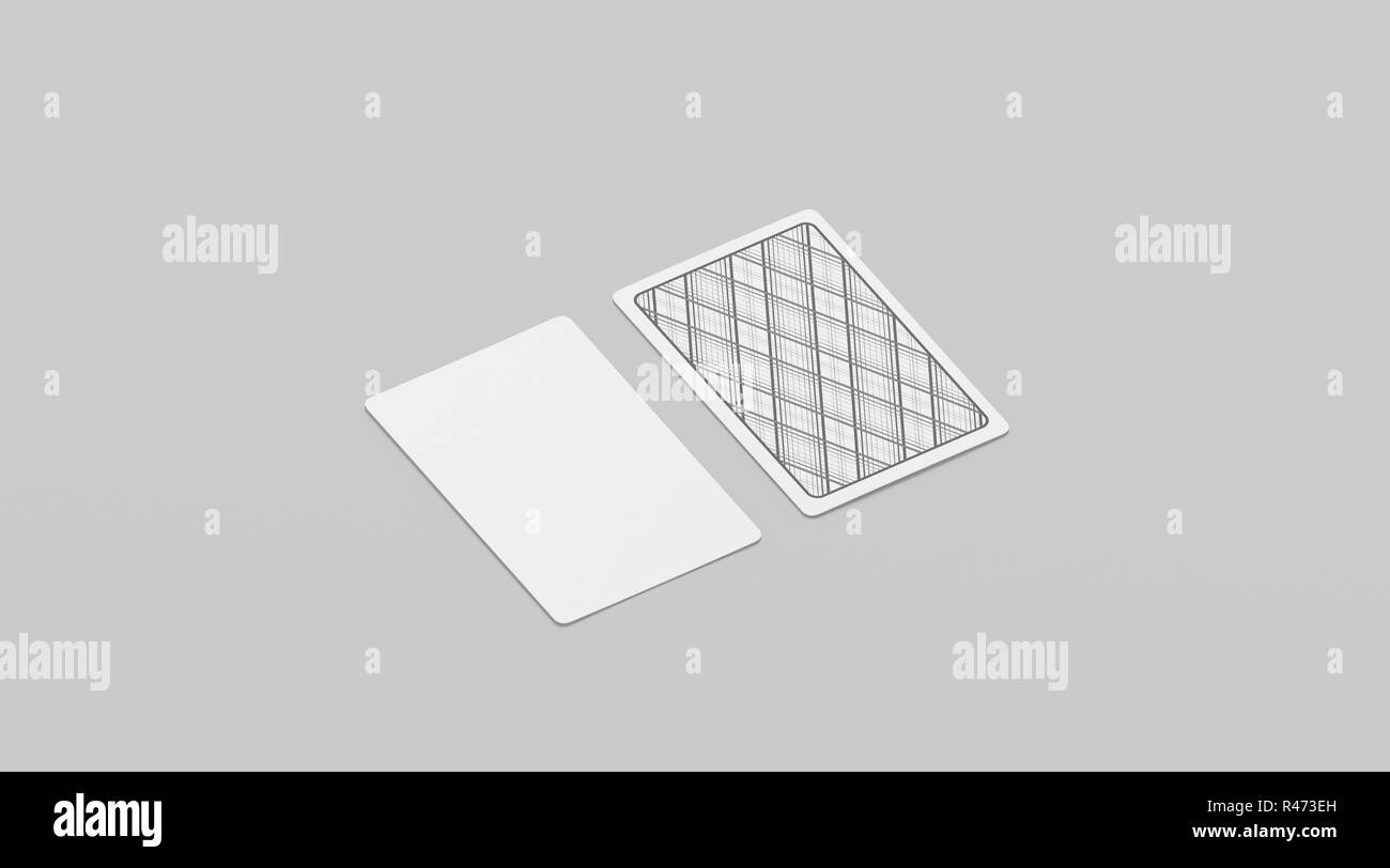 Blank white playing cards mock up, isolated, 3d rendering. Empty game card deck mockup, side view. Clear poker or fool gaming template. Face and shirt of taro display. Stock Photo