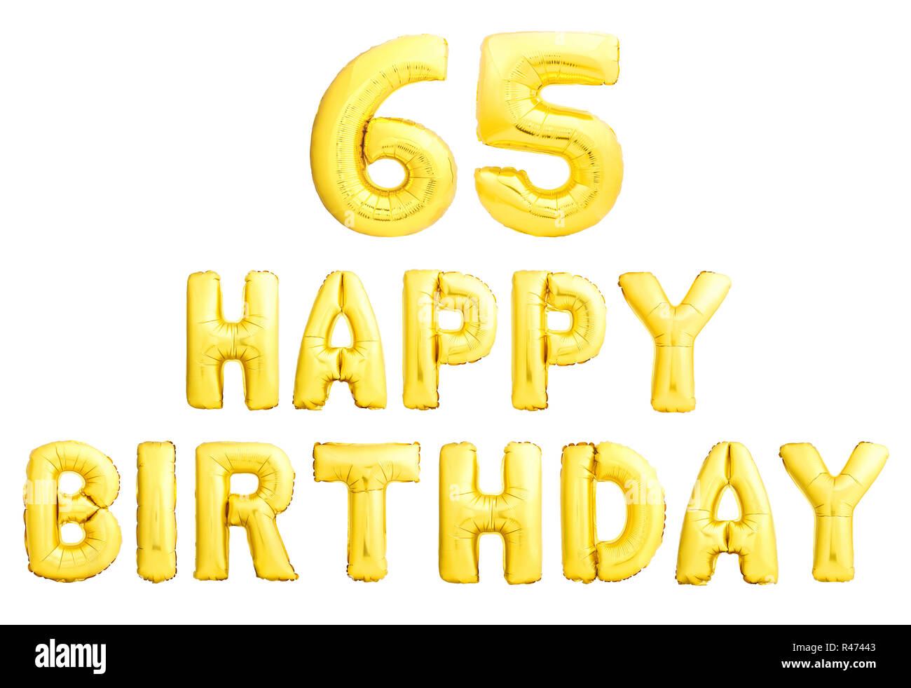 Happy birthday 65 years golden inflatable balloons isolated on white background. Stock Photo