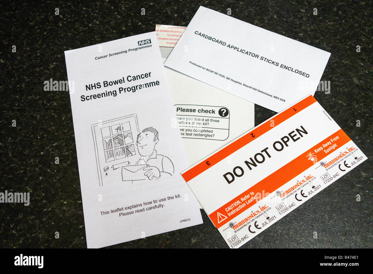 The Full Bowel Cancer home testing kit Stock Photo Alamy