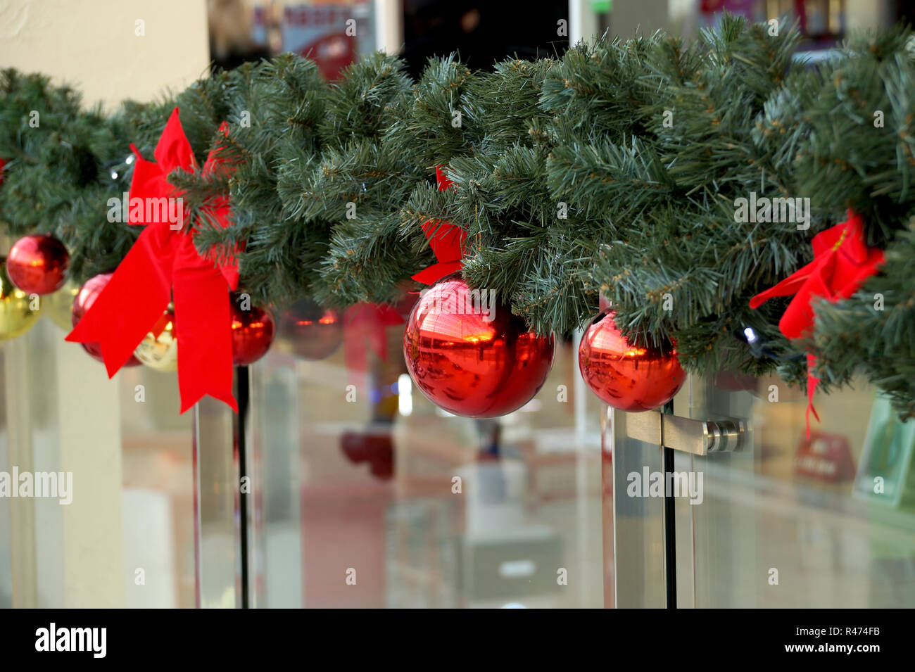 New Year's spheres on fir-tree branches Stock Photo