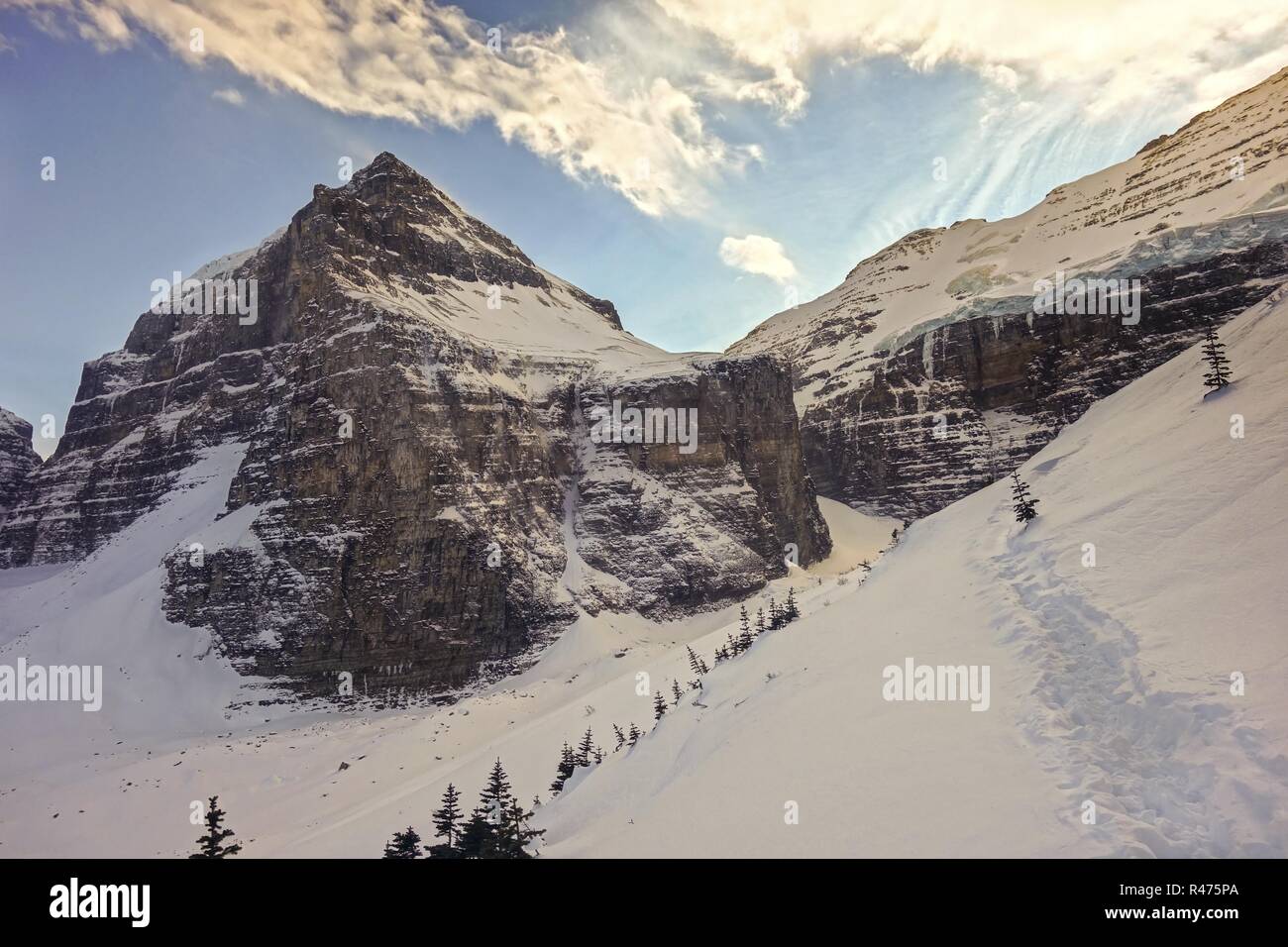 Deep Snow and Winter Landscape View of Victoria Glacier between Banff