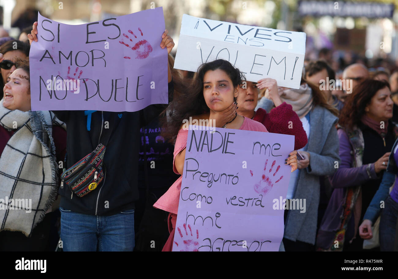 Palma de Mallorca, Spain / November 25, 2018: Women march during a demostration against violence suffered by their couples during the international da Stock Photo