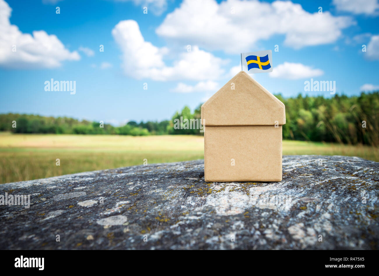 Cardboard house with a Swedish flag on a mossy rock. Scandinavian summer landscape. Stock Photo