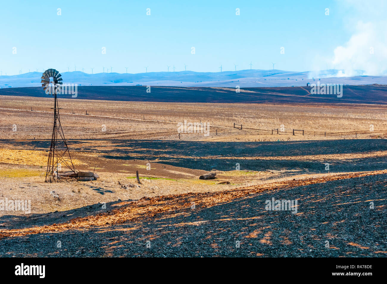 Australian barren outback landscape fire, buring, destruction Stock Photo