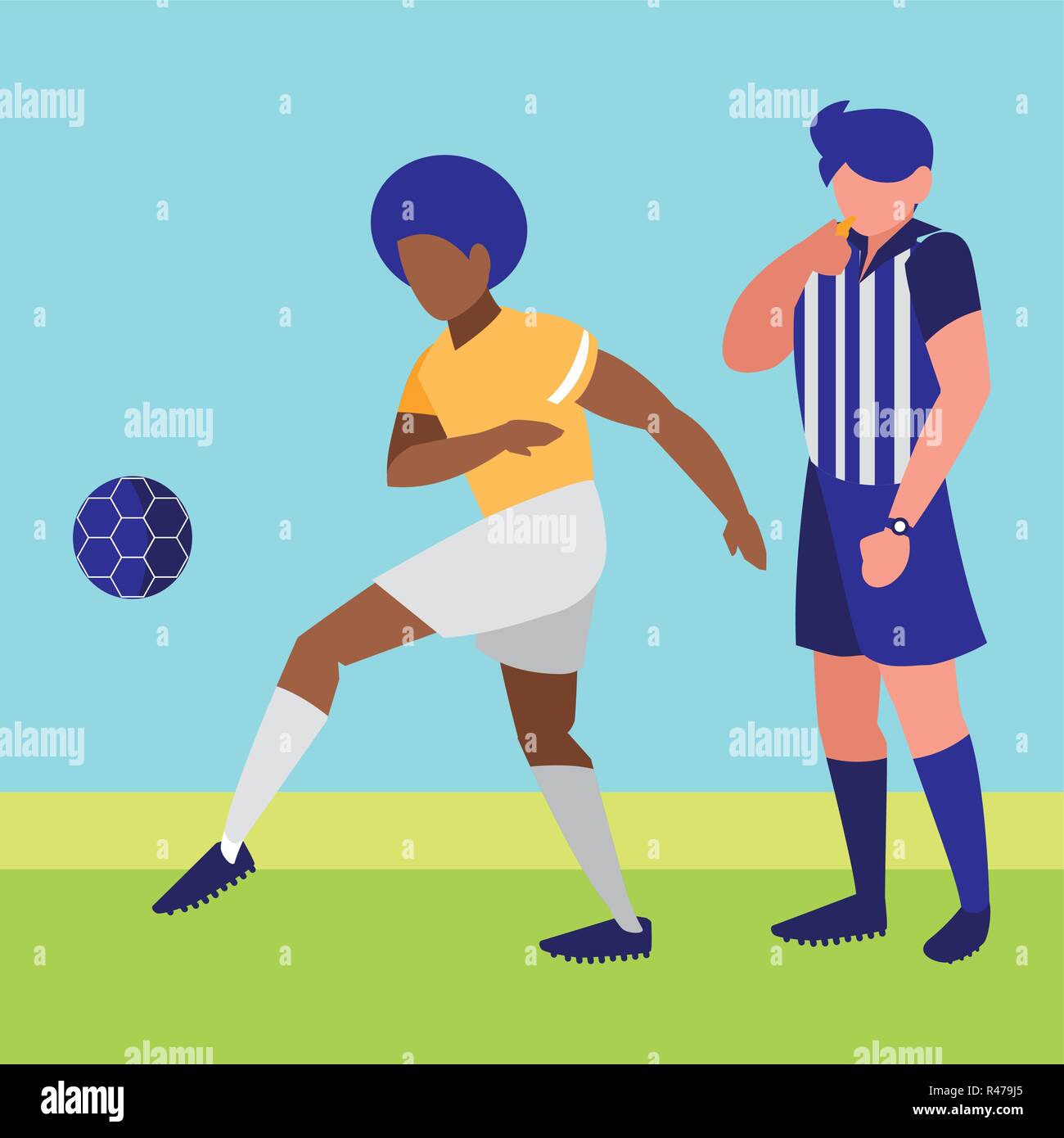 avatar soccer referee blowing the whistle over field background, vector