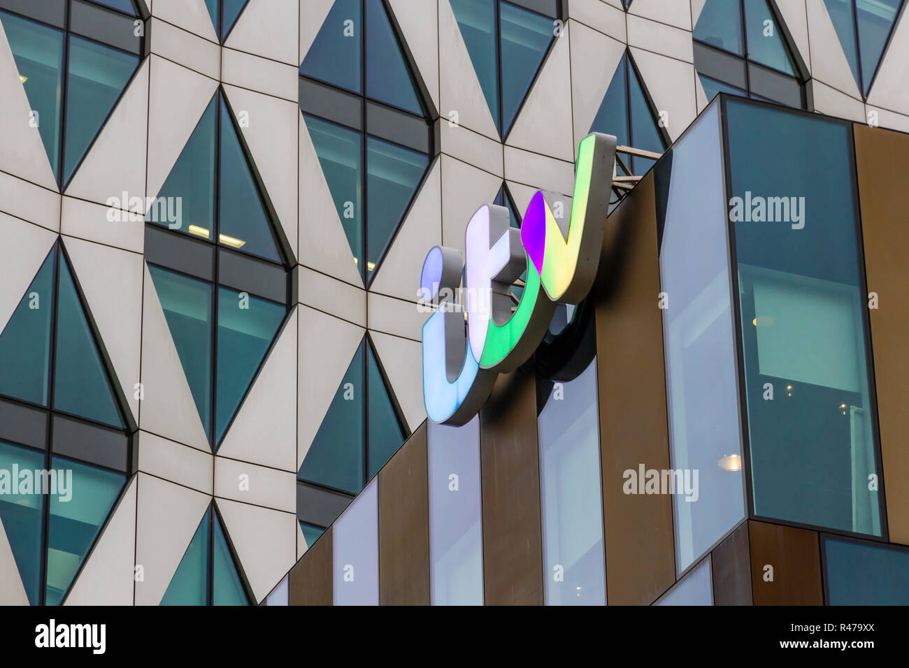 ITV logo sign on building at MediaCityUK, Salford Quays. Stock Photo